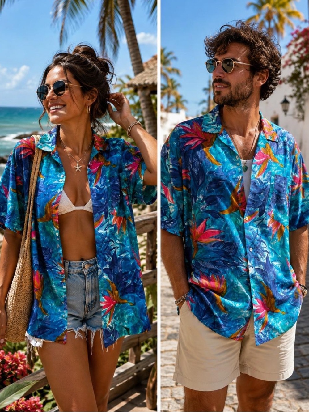 Royal Hawaiian Tropical Blue Floral Short-Sleeve Button-Down Shirt